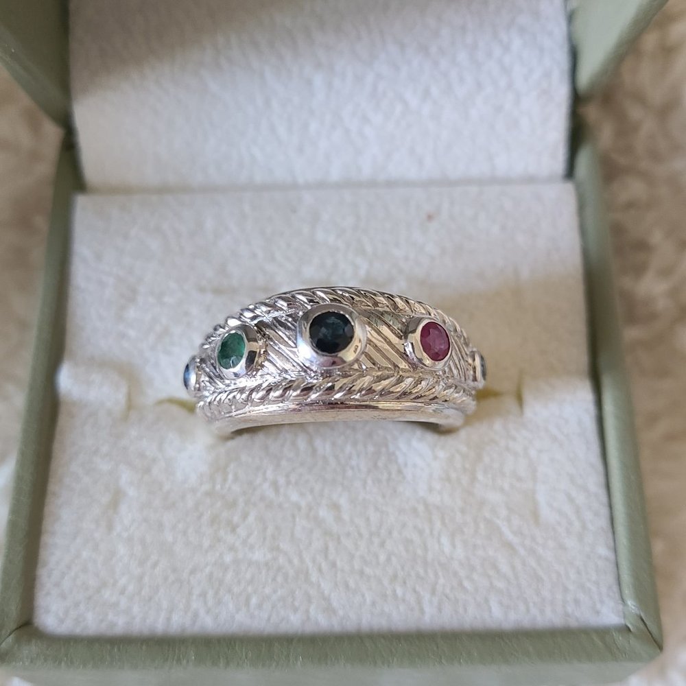 Judith Ripka Sapphire, Ruby, & Emerald Sterling Silver Ring (sz 8)